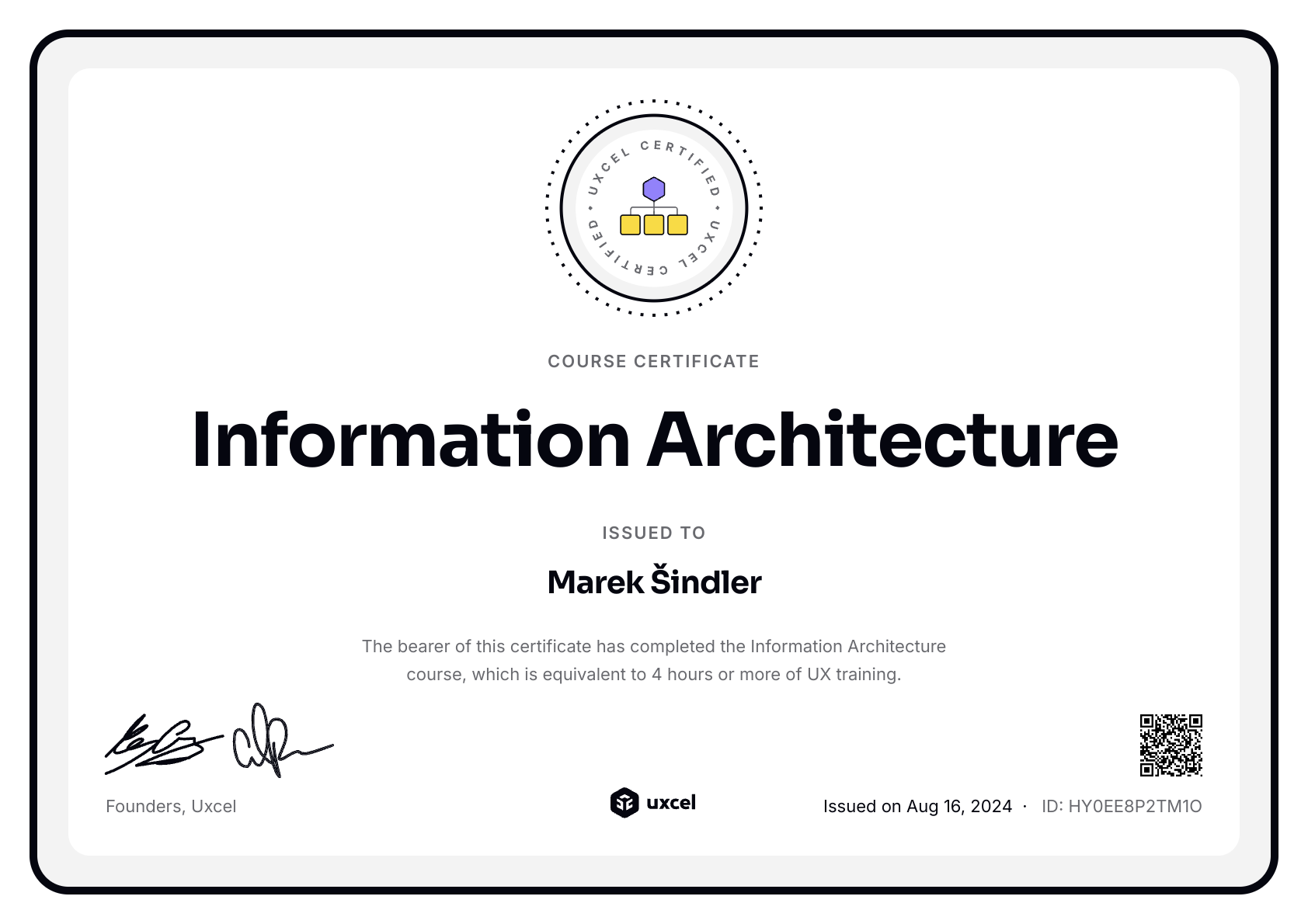 Marek Šindler's certificate